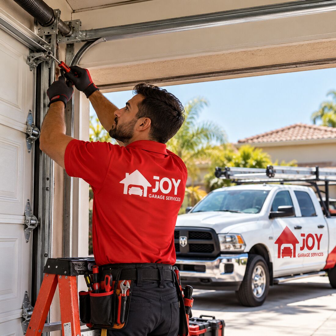 Illustration of a garage door technician repairing a door track next to a work truck