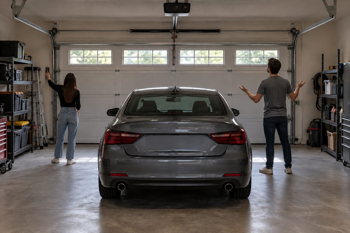 Illustration of a car parked inside a closed garage while two people look at the door that will not open