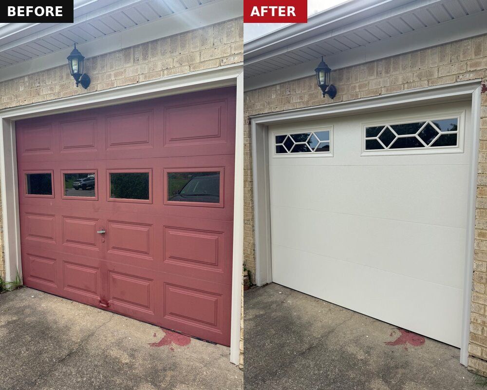 Before and after: a worn red garage door with four small windows, then a new cream door with diamond-pattern windows